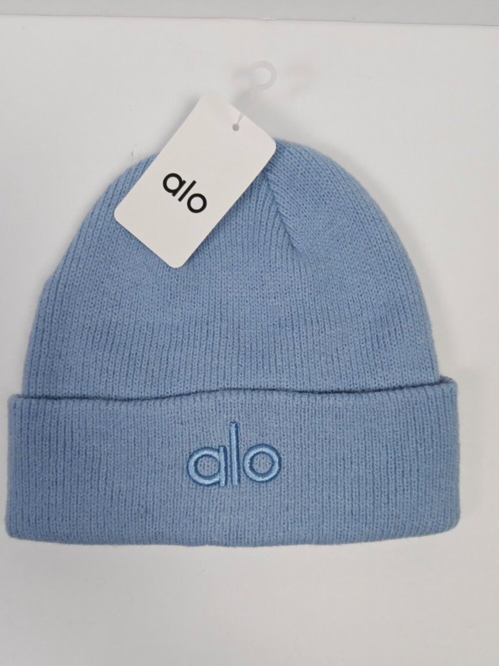 Alo Yoga Blue Ribbed Knit Beanie NWT Embroidered Logo Cuffed Hat
